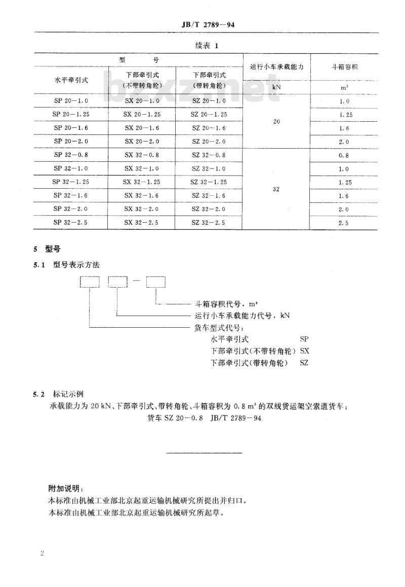 JB/T 2789-1994 双线循环式货运架空索道 货车
