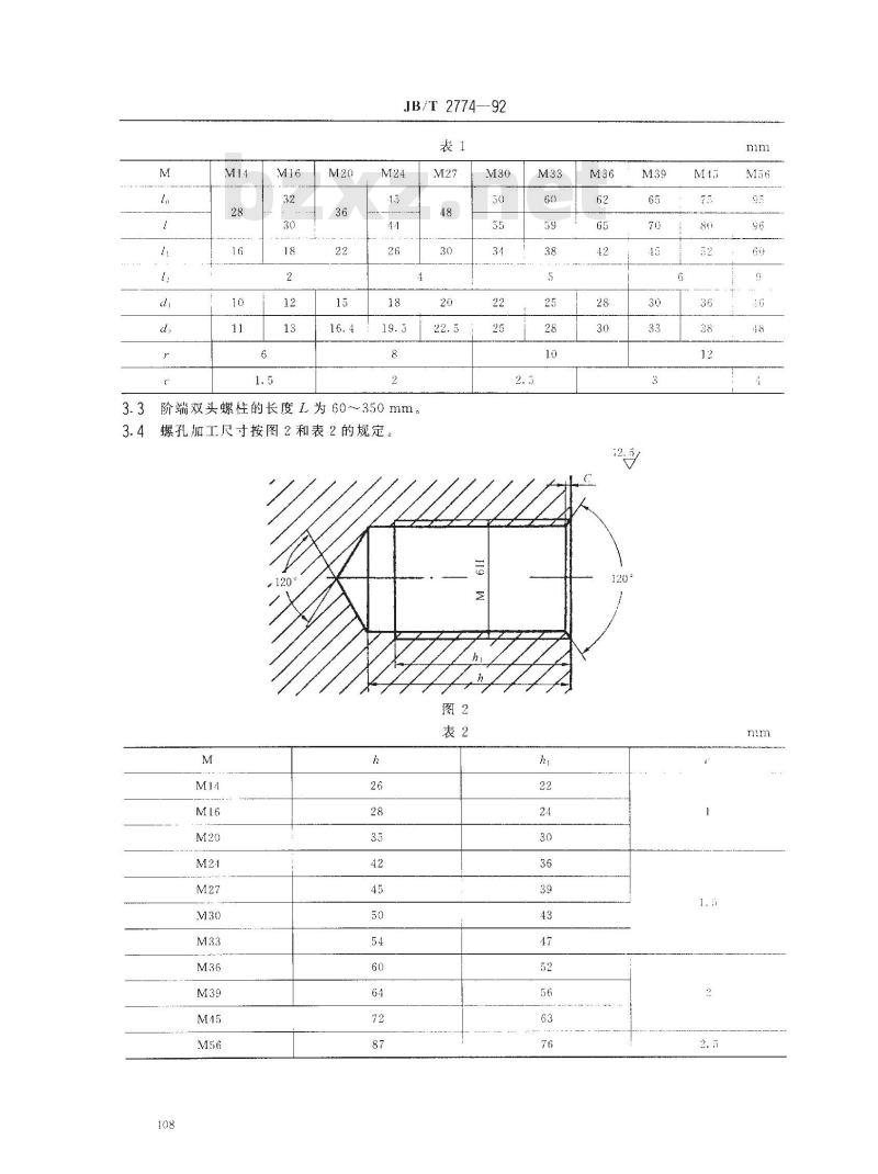 JB/T 2774-1992 PN16.0～32.0MPa阶端双头螺柱及螺孔尺寸