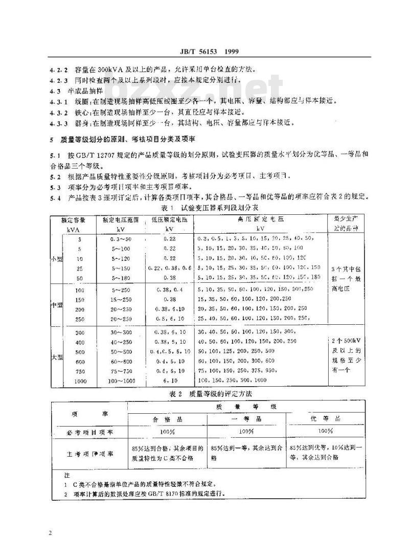 JB/T 56153-1999 试验变压器 产品质量分等