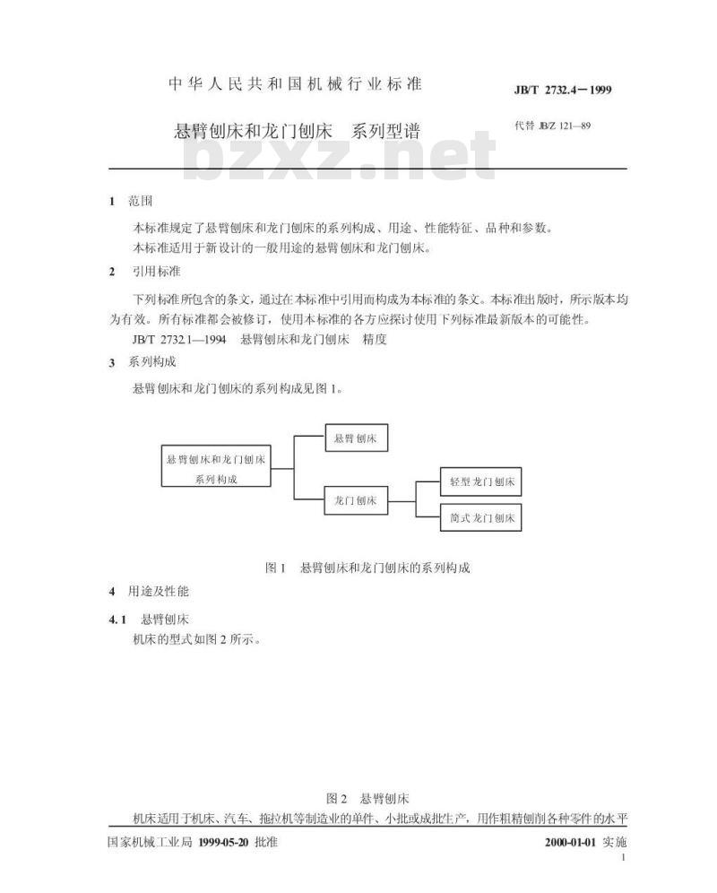 JB/T 2732.4-1999 悬臂刨床和龙门刨床 系列型谱