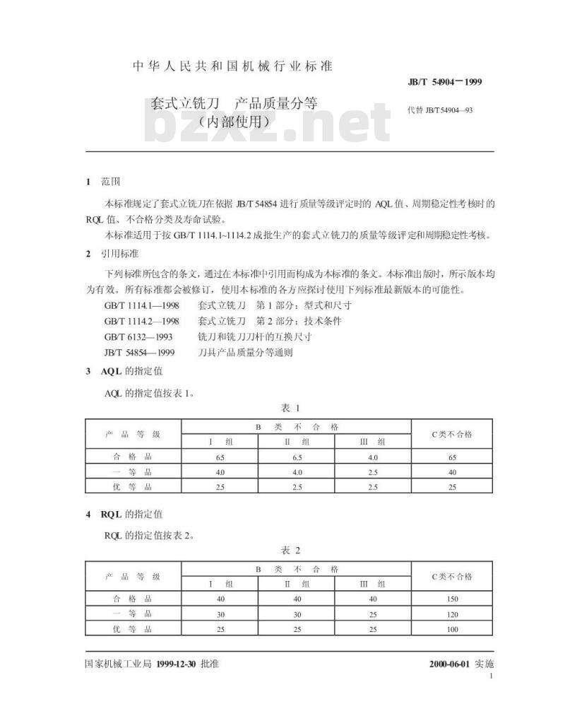 JB/T 54904-1999 套式立铣刀 产品质量分等