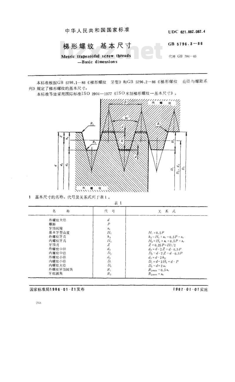 GB/T 5796.3-1986 梯形螺纹 基本尺寸