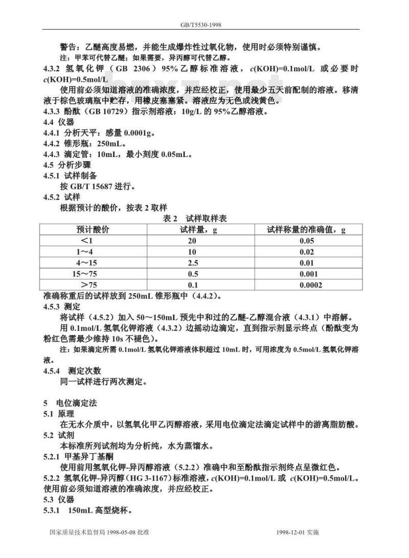 GB/T 5530-1998 动植物油脂 酸价和酸度测定