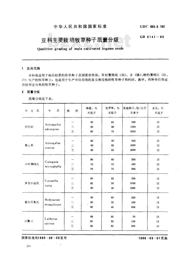 GB 6141-1985 豆科主要栽培牧草种子质量分级