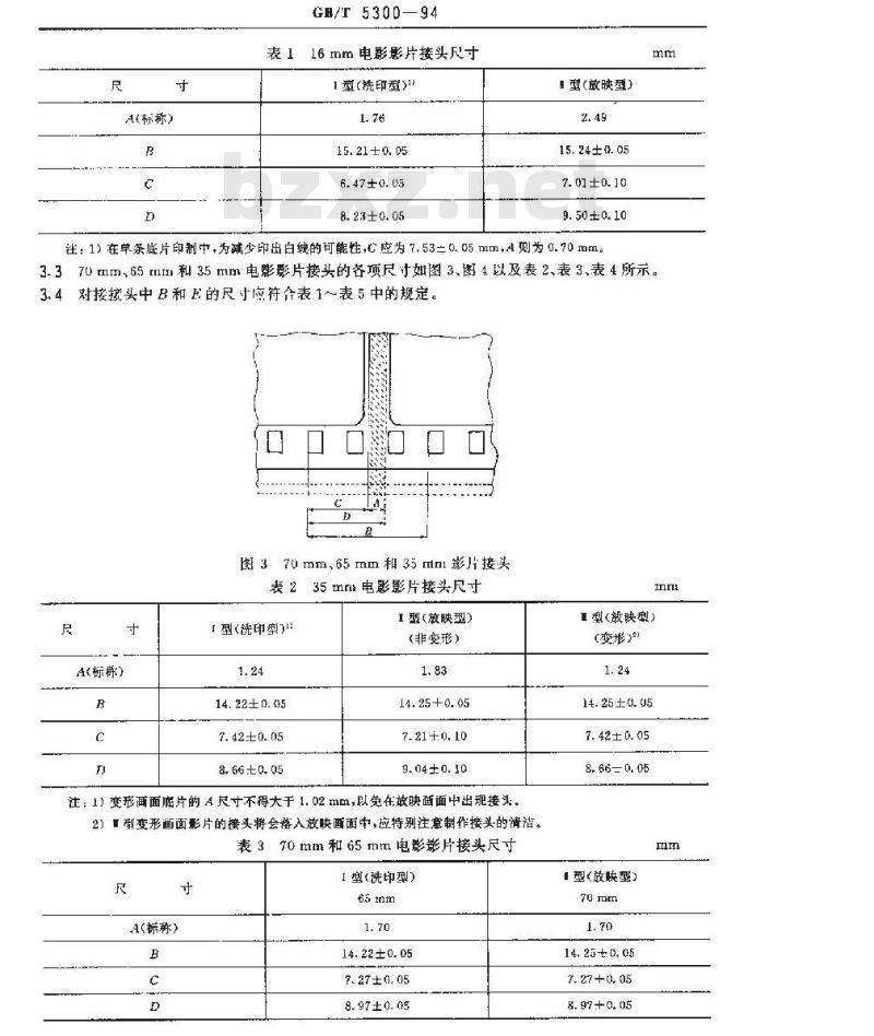 GB/T 5300-1994 70mm、65mm、35mm和16mm电影影片接头的尺寸和位置