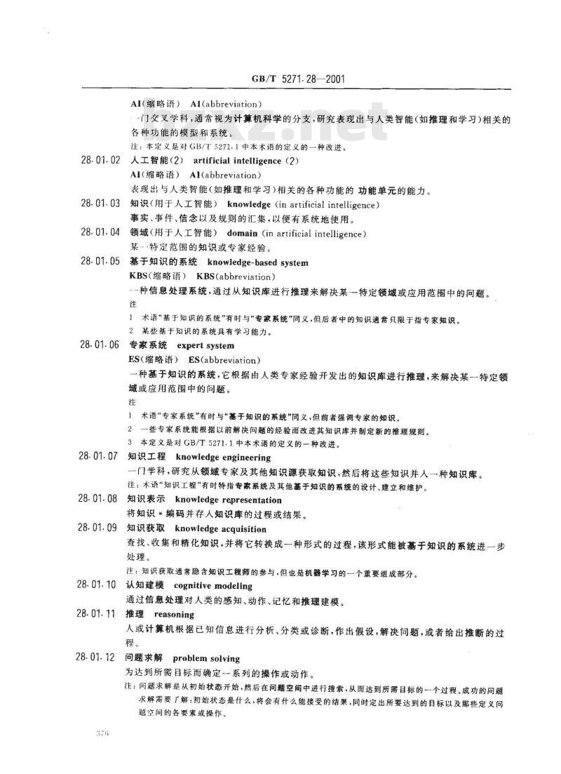 GB/T 5271.28-2001 信息技术 词汇 第28部分：人工智能 基本概念与专家系统