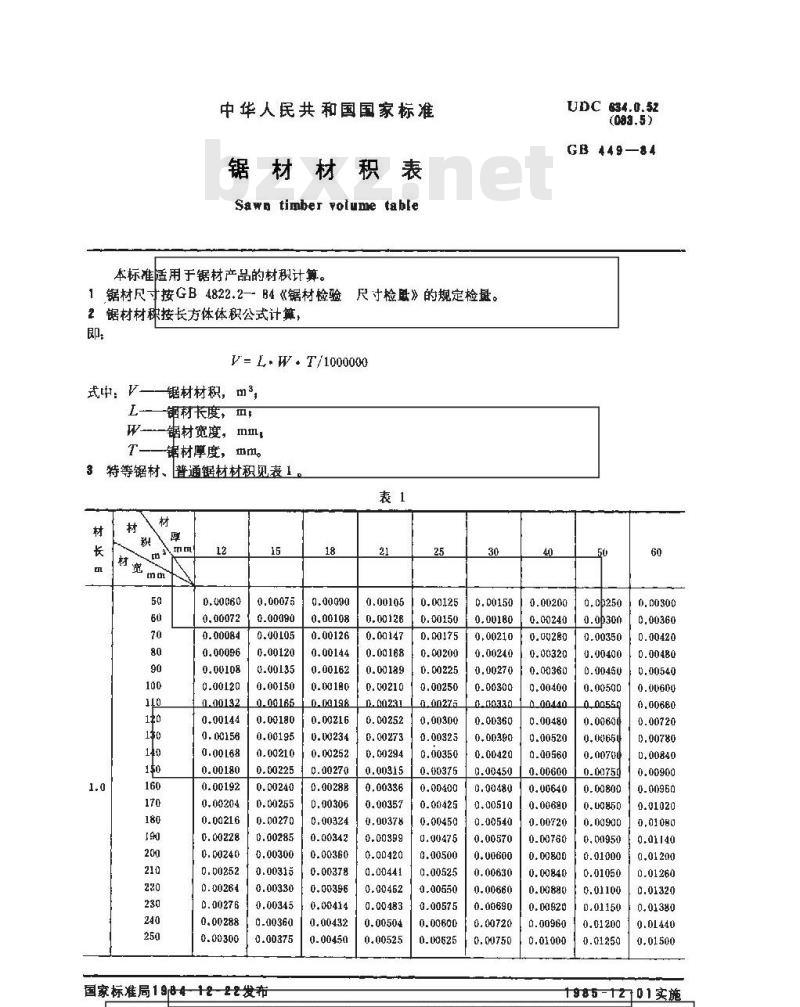 GB 449-1984 锯材材积表