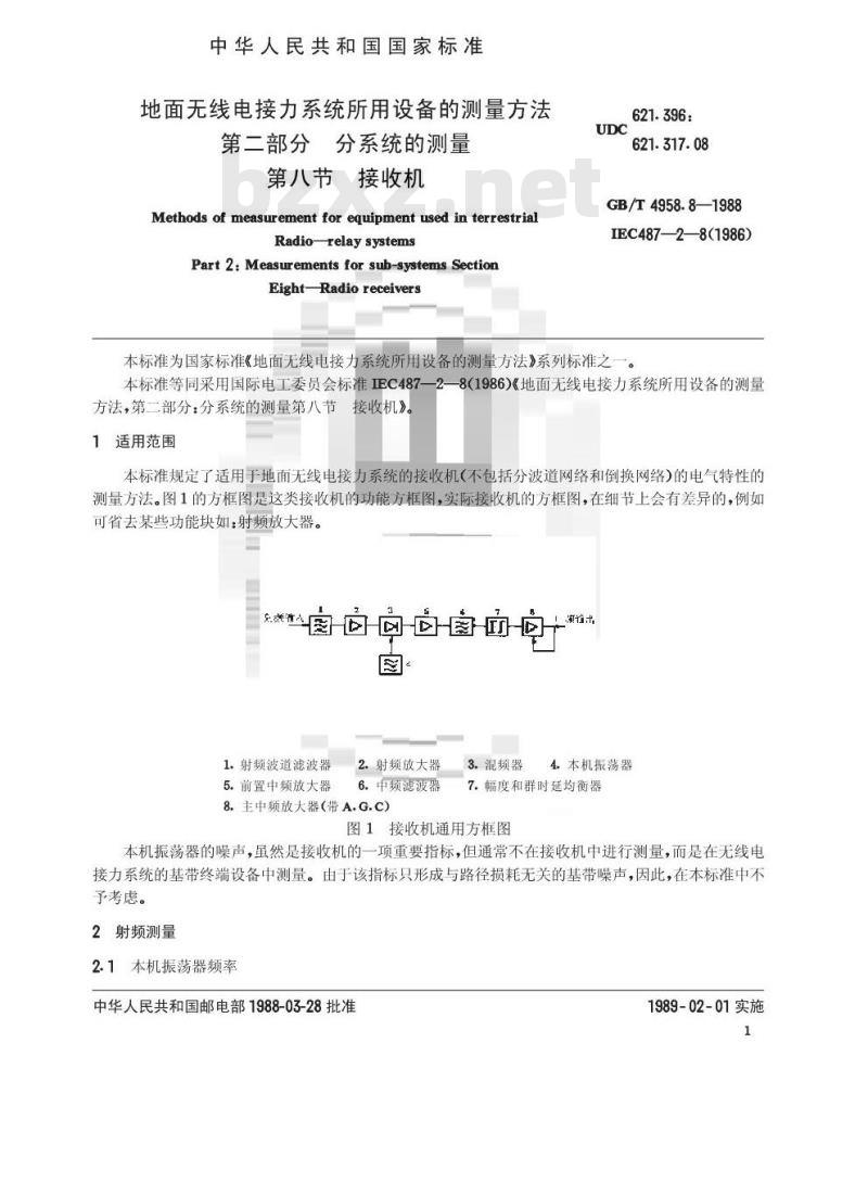 GB/T 4958.8-1988 地面无线电接力系统所用设备的测量方法 第二部分:分系统的测量 第八节:接收机