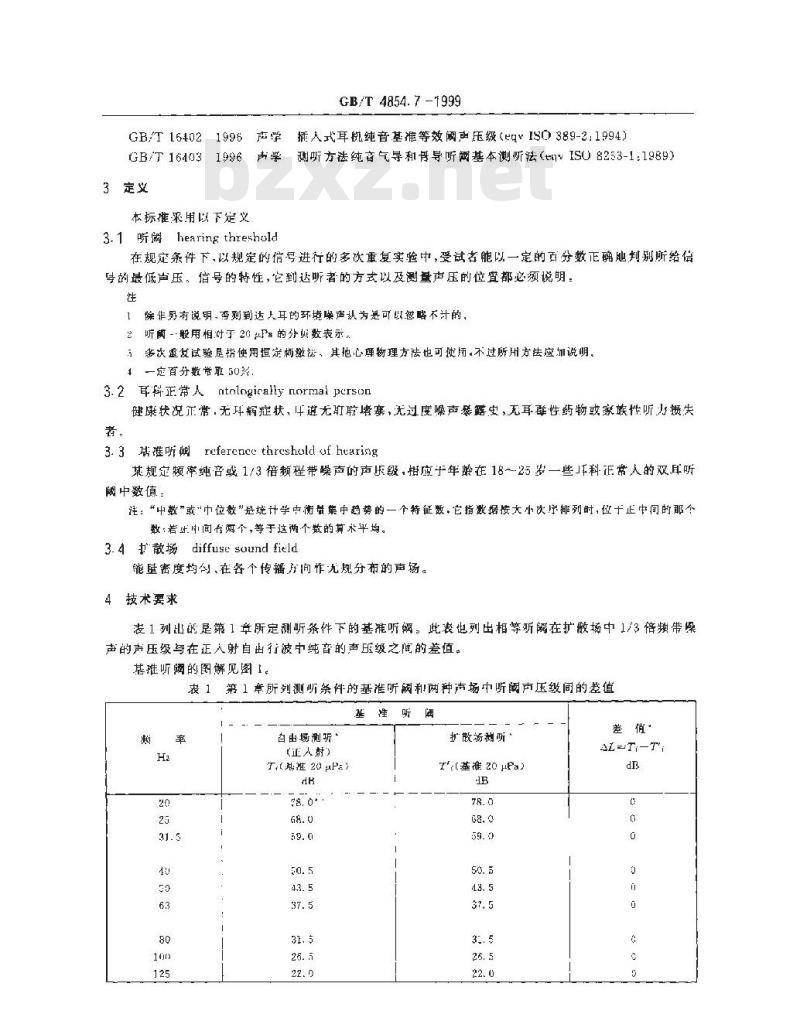 GB/T 4854.7-1999 声学 校准测听设备的基准零级 第7部分：自由场与扩散场测听的基准听阈