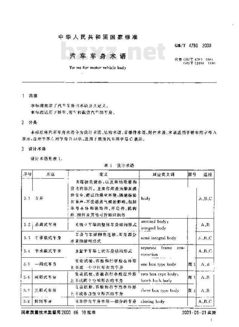 GB/T 4780-2000 汽车车身术语