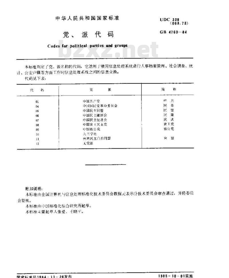 GB/T 4763-1984 党、派代码