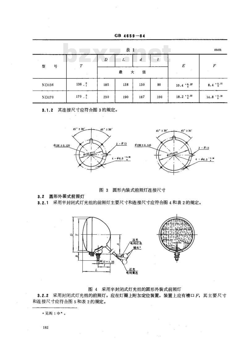 GB/T 4659-1984 汽车前照灯类型,主要尺寸和连接尺寸