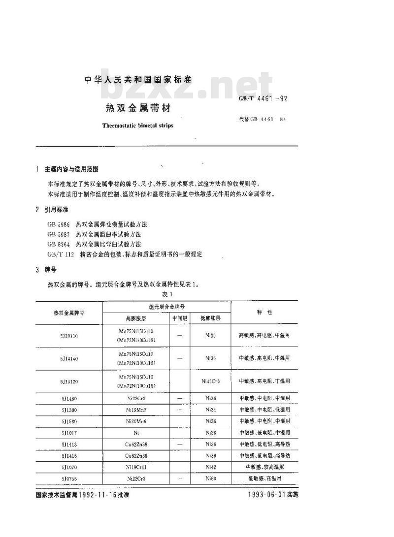 GB/T 4461-1992 热双金属带材