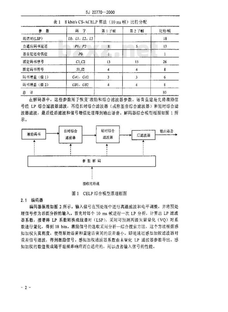 SJ 20770-2000 使用共轭结构代数码激励线性预测的8kbit/s 语音编码