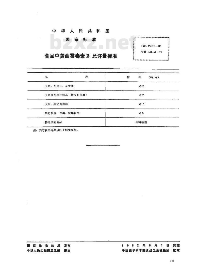 GB 2761-1981 食品中黄曲霉毒素B1允许量标准