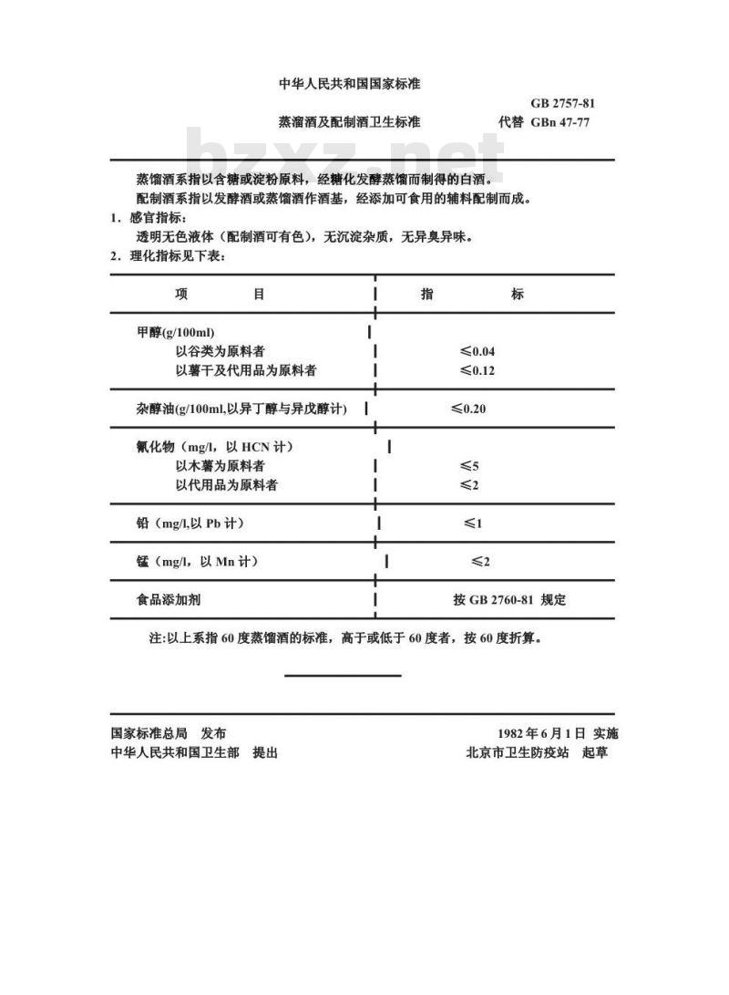 GB 2757-1981 蒸馏酒及配制酒卫生标准