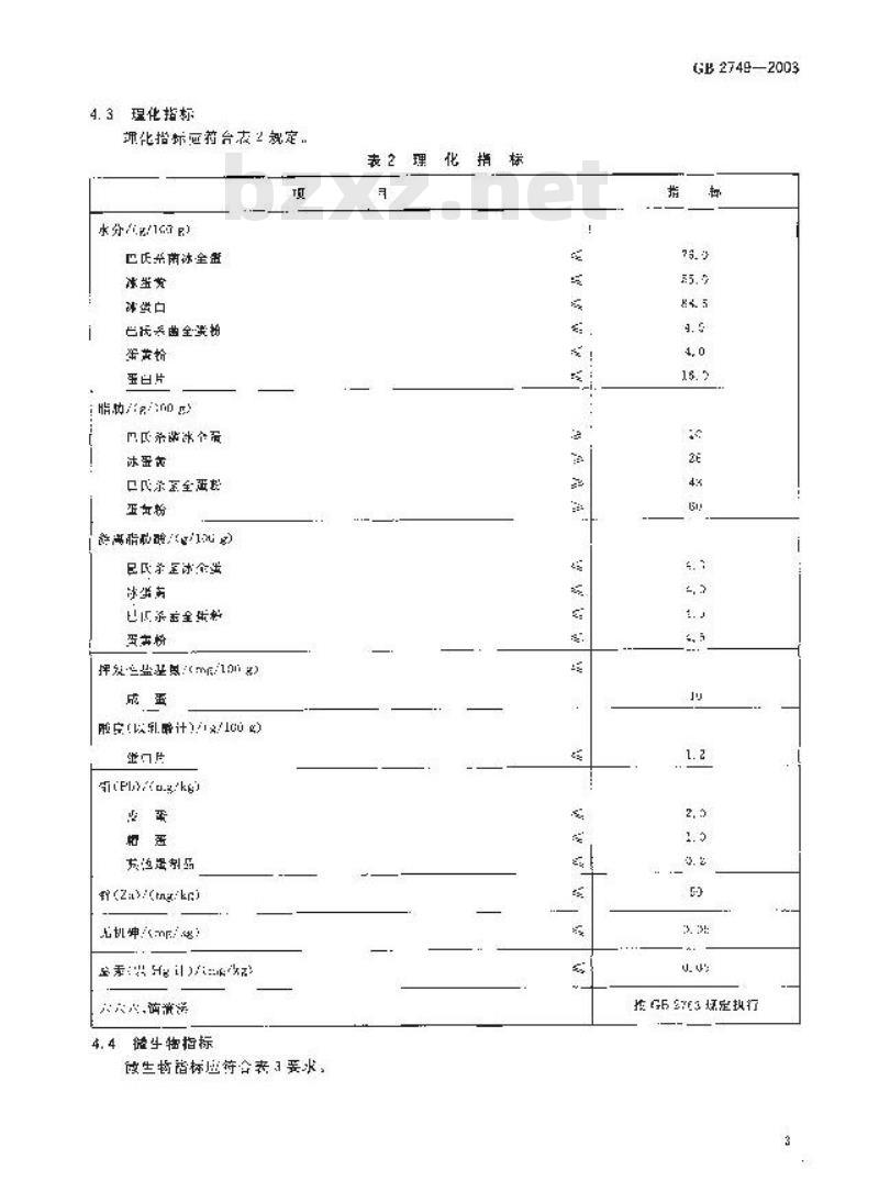GB 2749-2003 蛋制品卫生标准