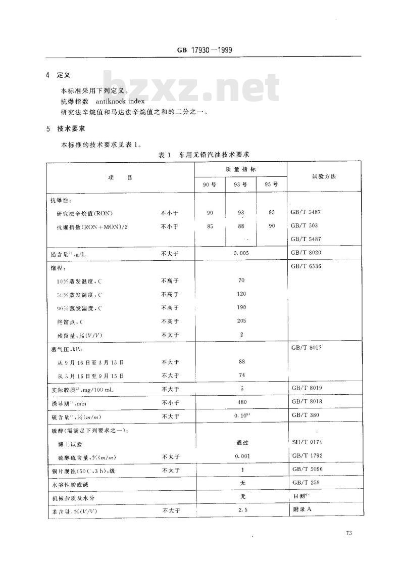 GB 17930-1999 车用无铅汽油