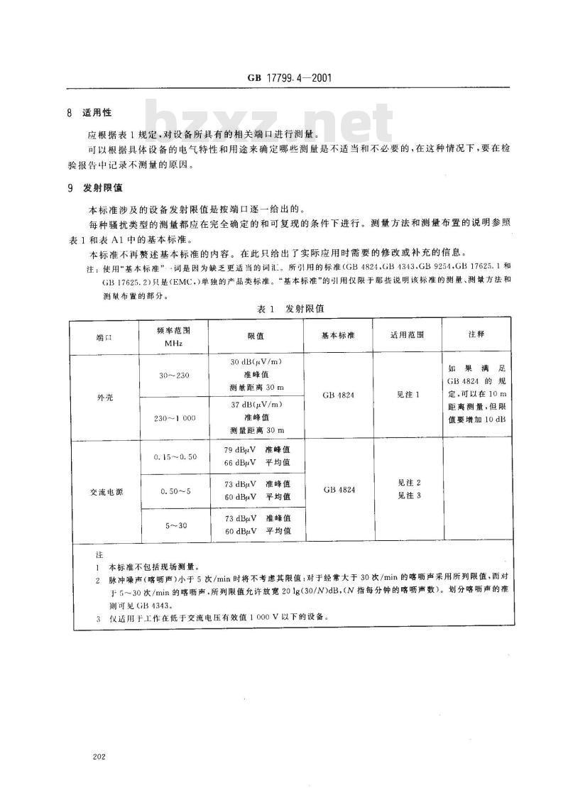 GB 17799.4-2001 电磁兼容 通用标准 工业环境中的发射标准