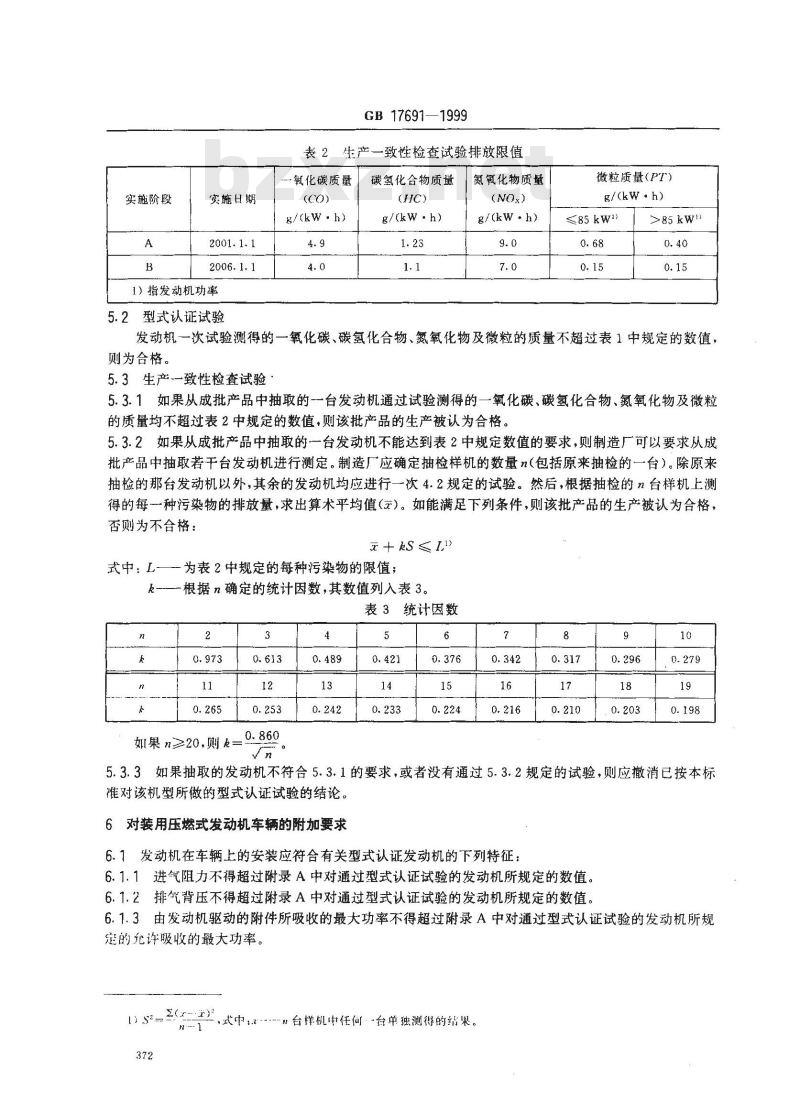 GB 17691-1999 压燃式发动机和装用压燃式发动机的车辆排气污染物限值及测试方法