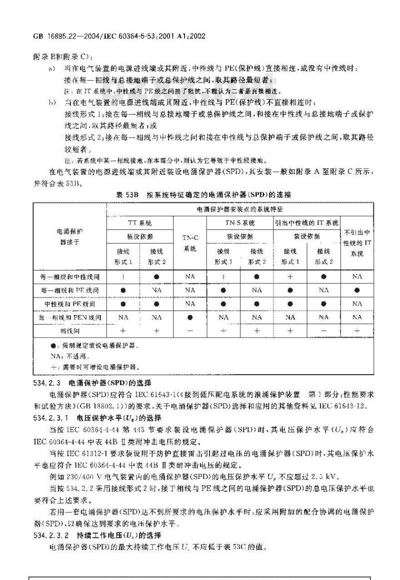 GB 16895.22-2004 建筑物电气装置 第5-53部分：电气设备的选择和安装-隔离、开关和控制设备 第534节：过电压保护电器