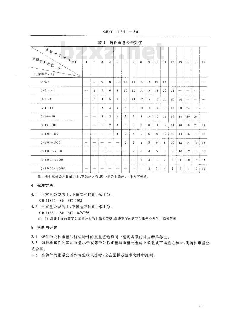 GB/T 11351-1989 铸件重量公差
