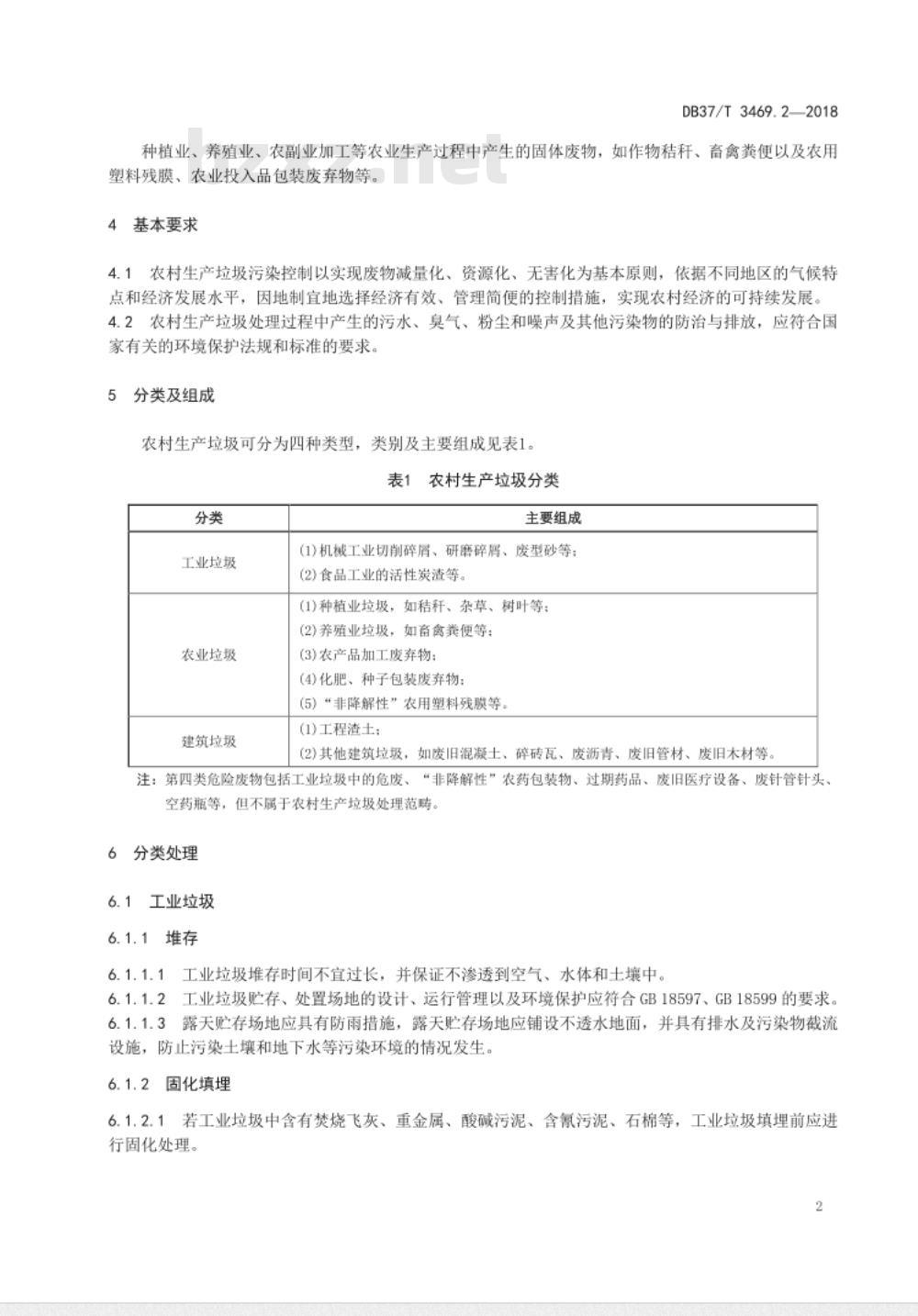 DB37/T 3469.2-2018农村垃圾分类与处理技术规范 第2部分：生产垃圾