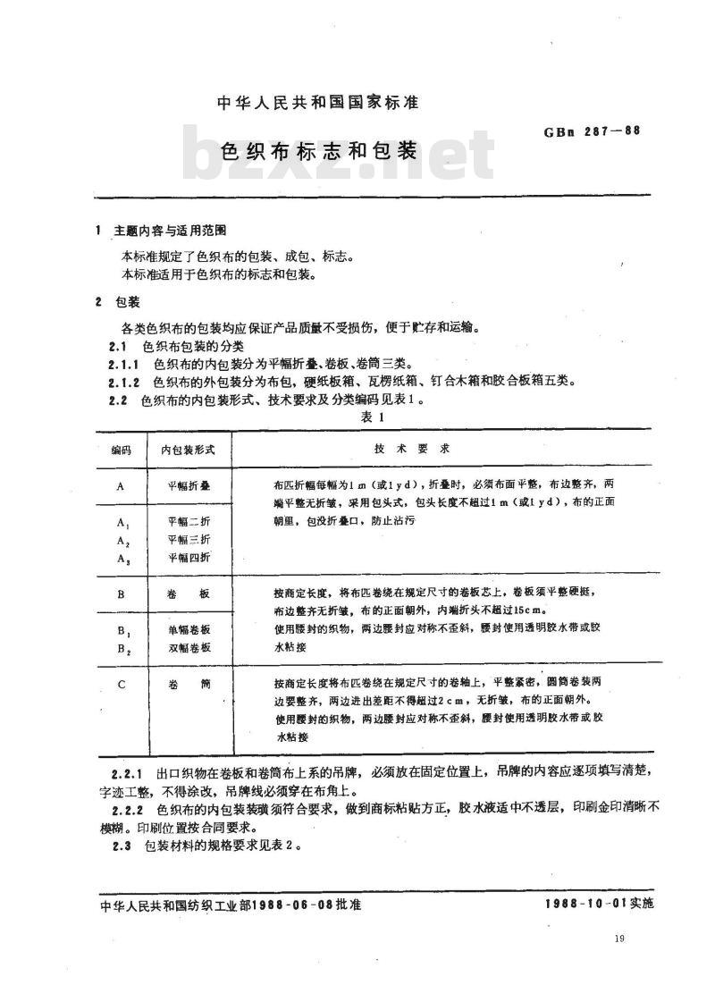 GBN 287-1988 色织布标志和包装