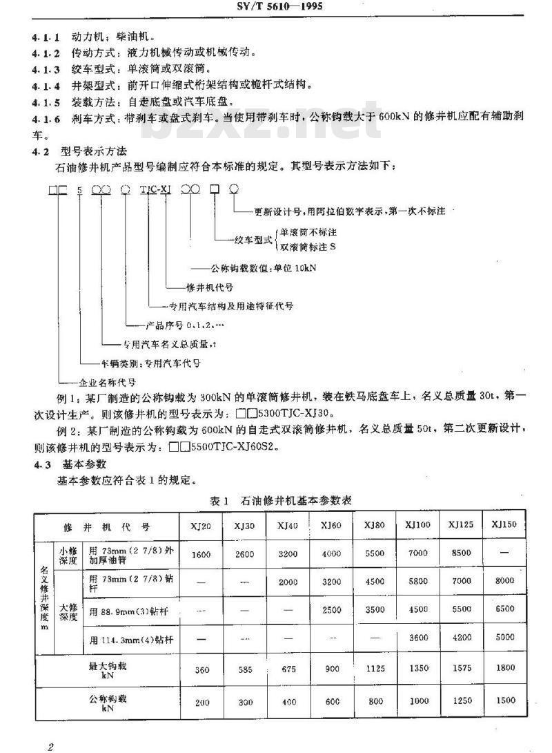 SY/T 5610-1995 石油修井机型式与基本参数