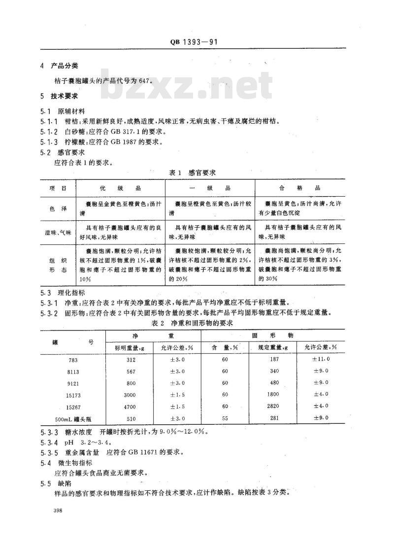 QB 1393-1991 桔子囊胞罐头