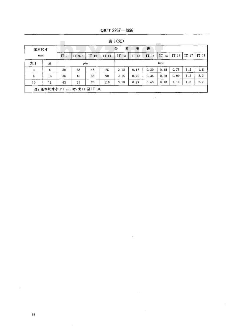 QB/T 2267-1996 计时仪器用公差与配合 尺寸至18mm插入中间公差等级的标准公差数值