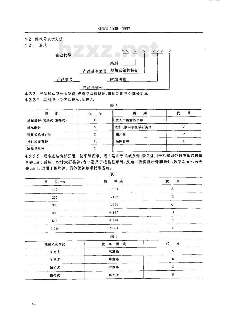 QB/T 1538-1992 计时仪器产品代号编写规定表、钟、定时器代号表示方法