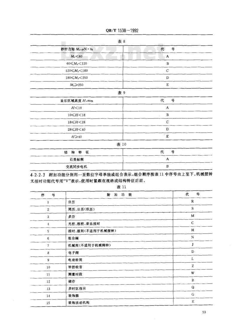 QB/T 1538-1992 计时仪器产品代号编写规定表、钟、定时器代号表示方法