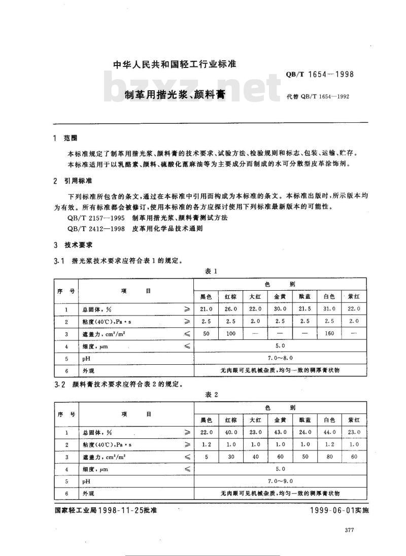 QB/T 1654-1998 制革用揩光浆、颜料膏
