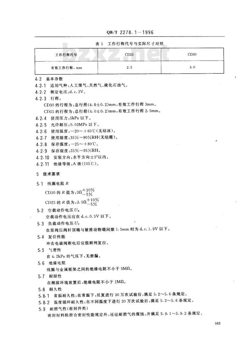 QB/T 2278.1-1996 家用燃气快速热水器冲击电磁阀