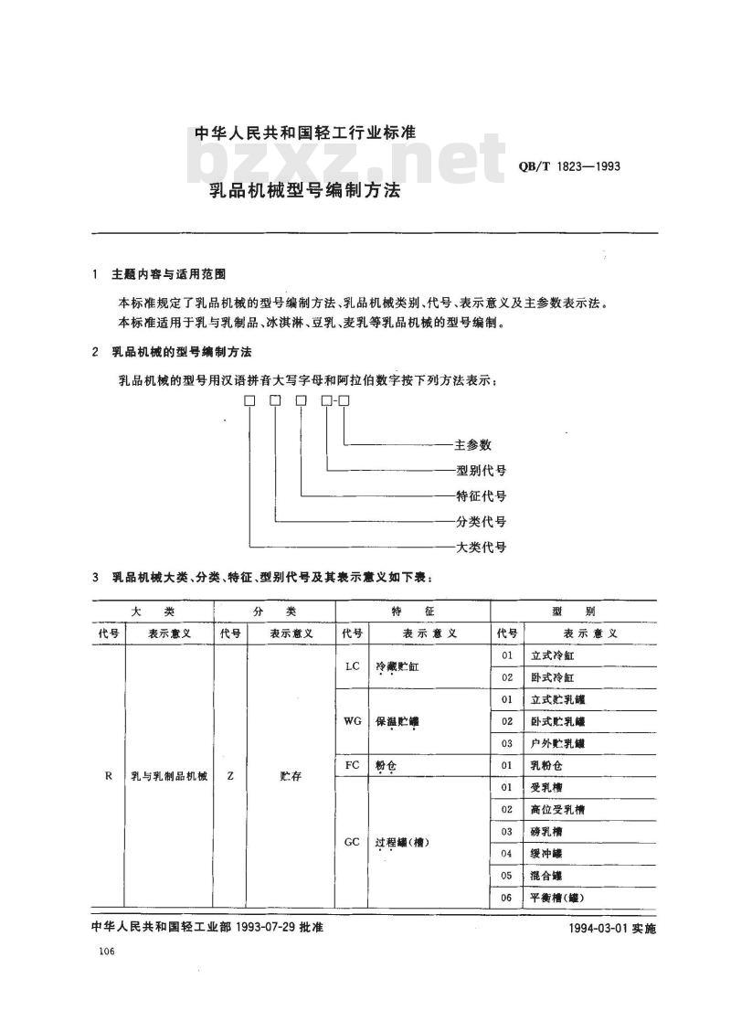 QB/T 1823-1993 乳品机械型号编制方法