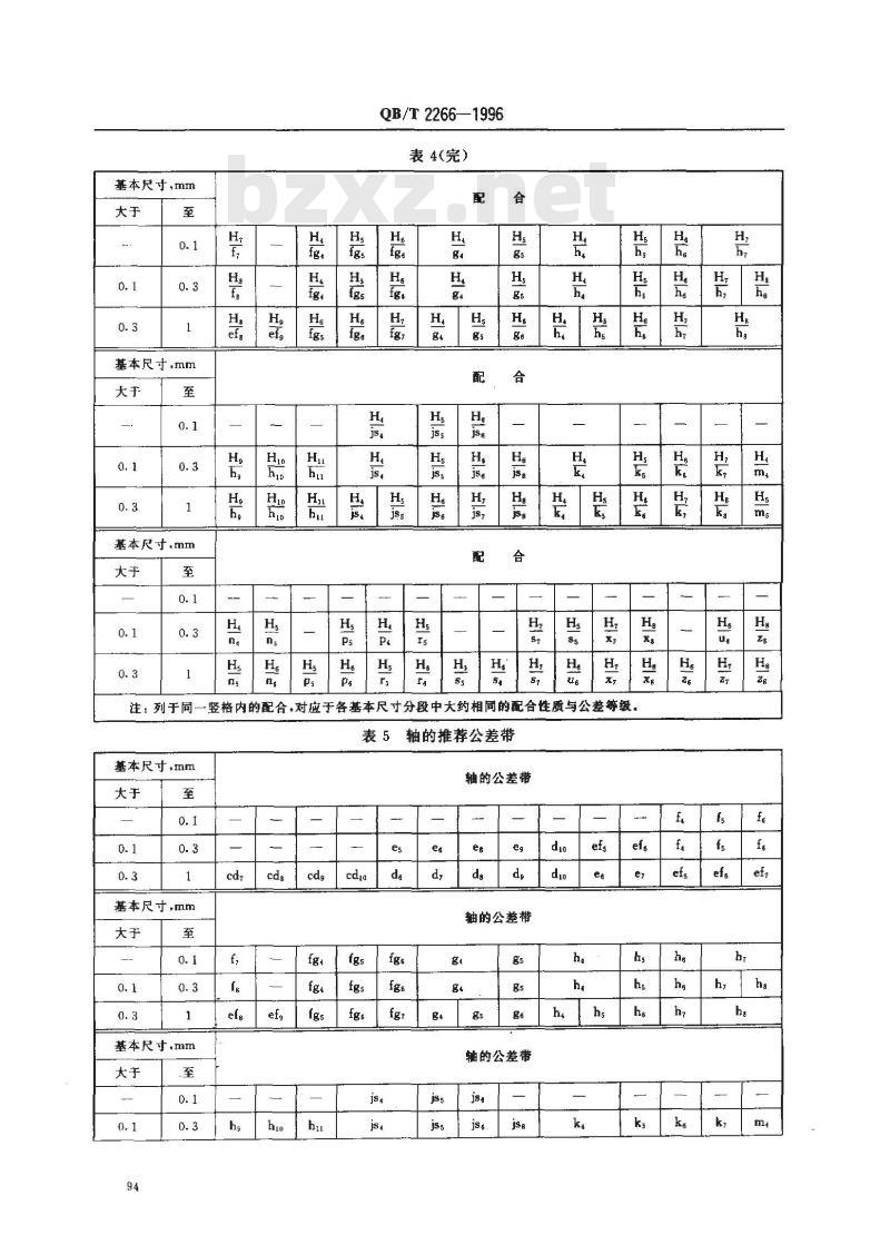QB/T 2266-1996 计时仪器用公差与配合 尺寸小于1mm孔、轴公差带与配合