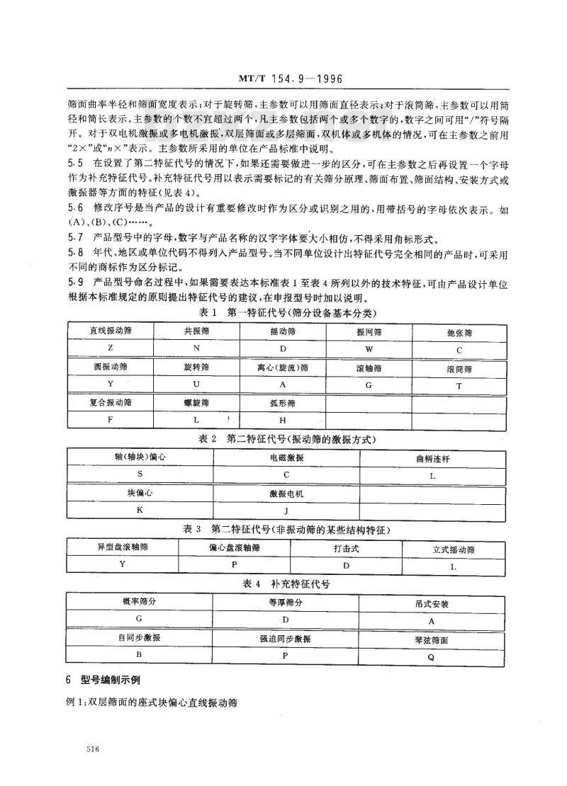 MT/T 154.9-1996 煤用筛分设备型号编制方法