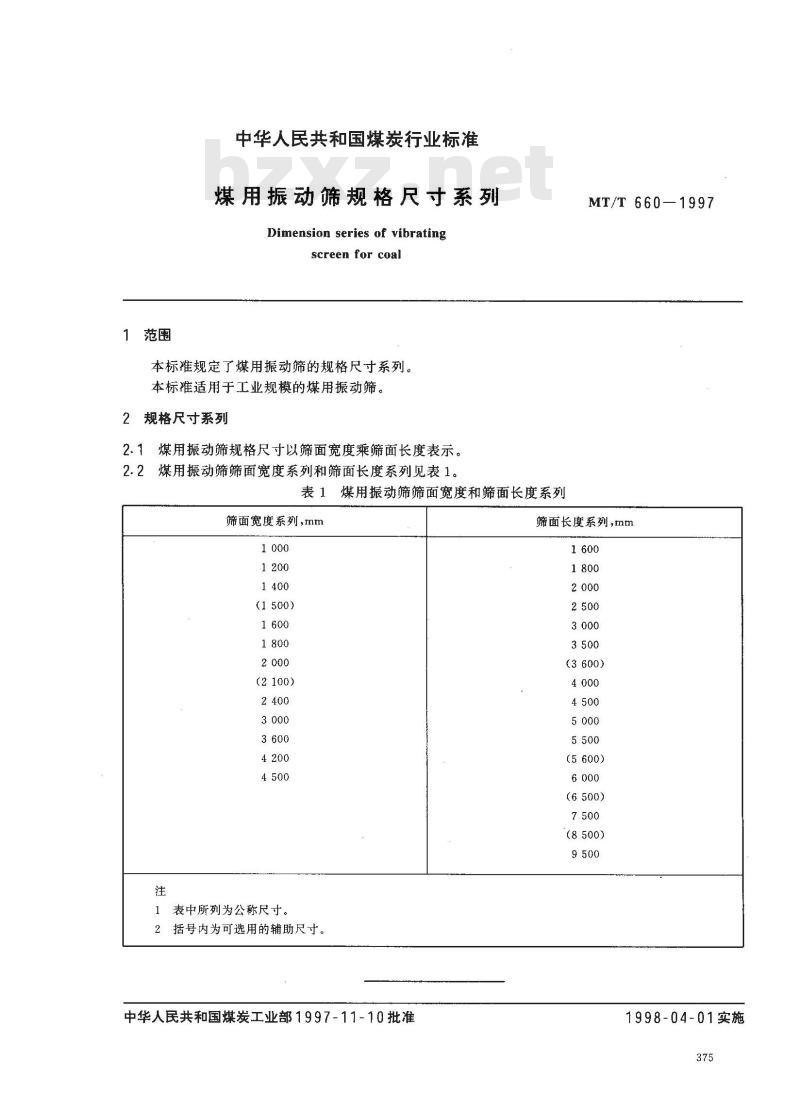 MT/T 660-1997 煤用振动筛规格尺寸系列