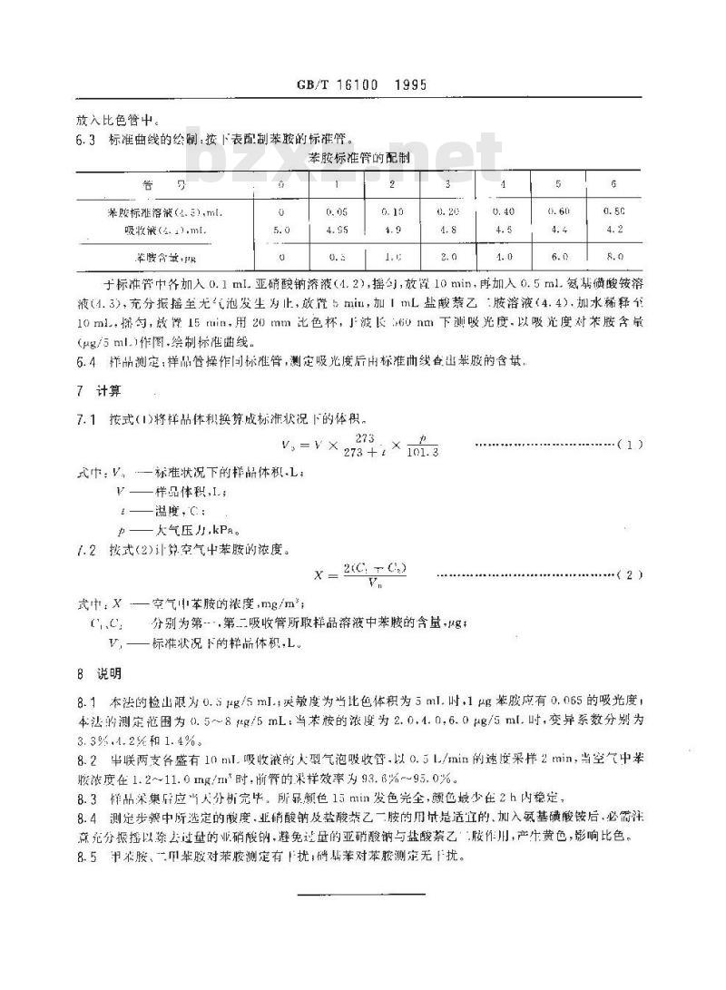 GB/T 16100-1995 车间空气中苯胺的盐酸萘乙二胺分光光度测定方法