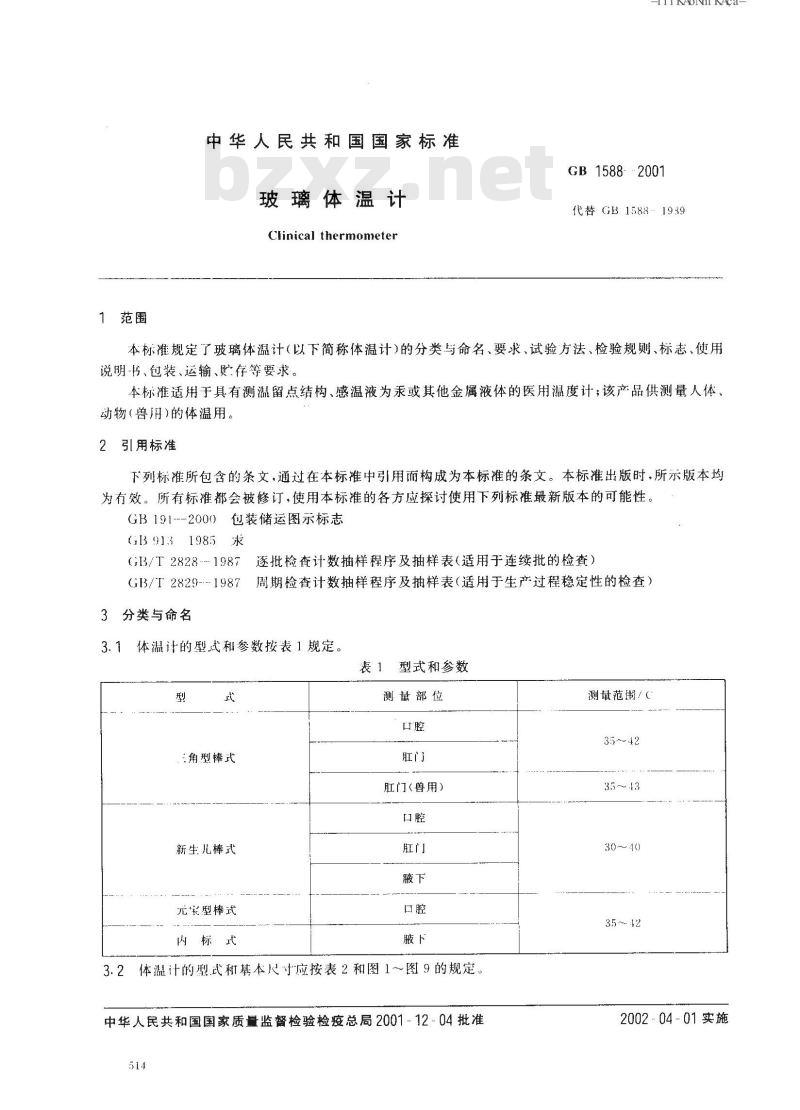 GB 1588-2001 玻璃体温计