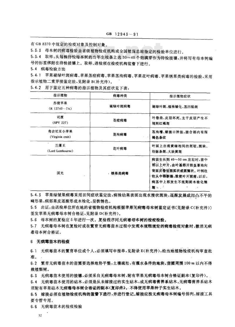 GB 12943-1991 苹果无病毒母本树和苗木检疫规程