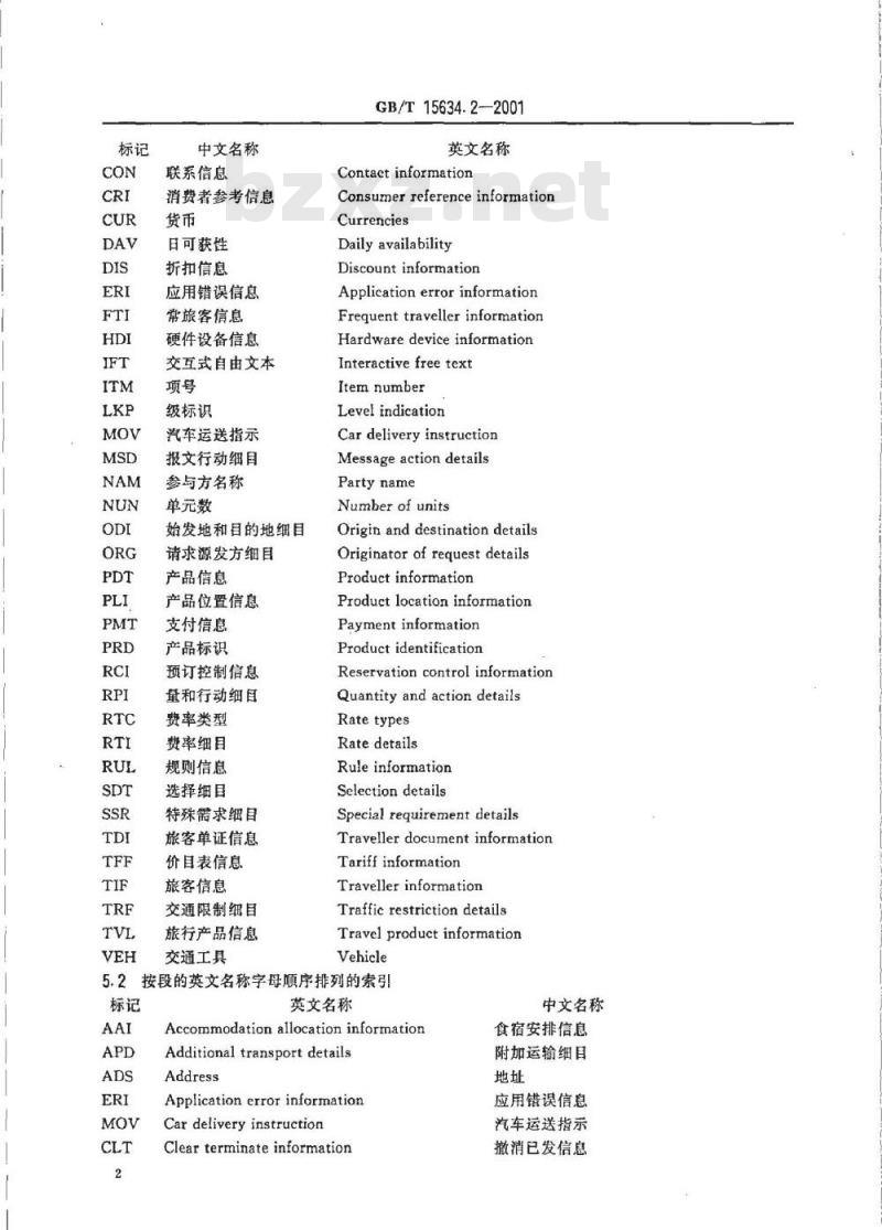GB/T 15634.2-2001 用于行政、商业和运输业电子数据交换的段目录 第2部分：交互式电子数据交换段目录