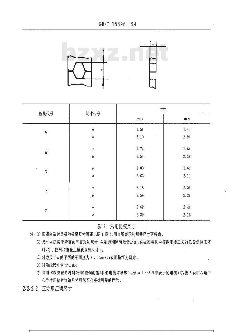 GB/T 15396-1994 射频电缆和连接器用六角和正方形压模腔体、压头、标准规、外导体压接套和中心接触件压接导线筒的尺寸
