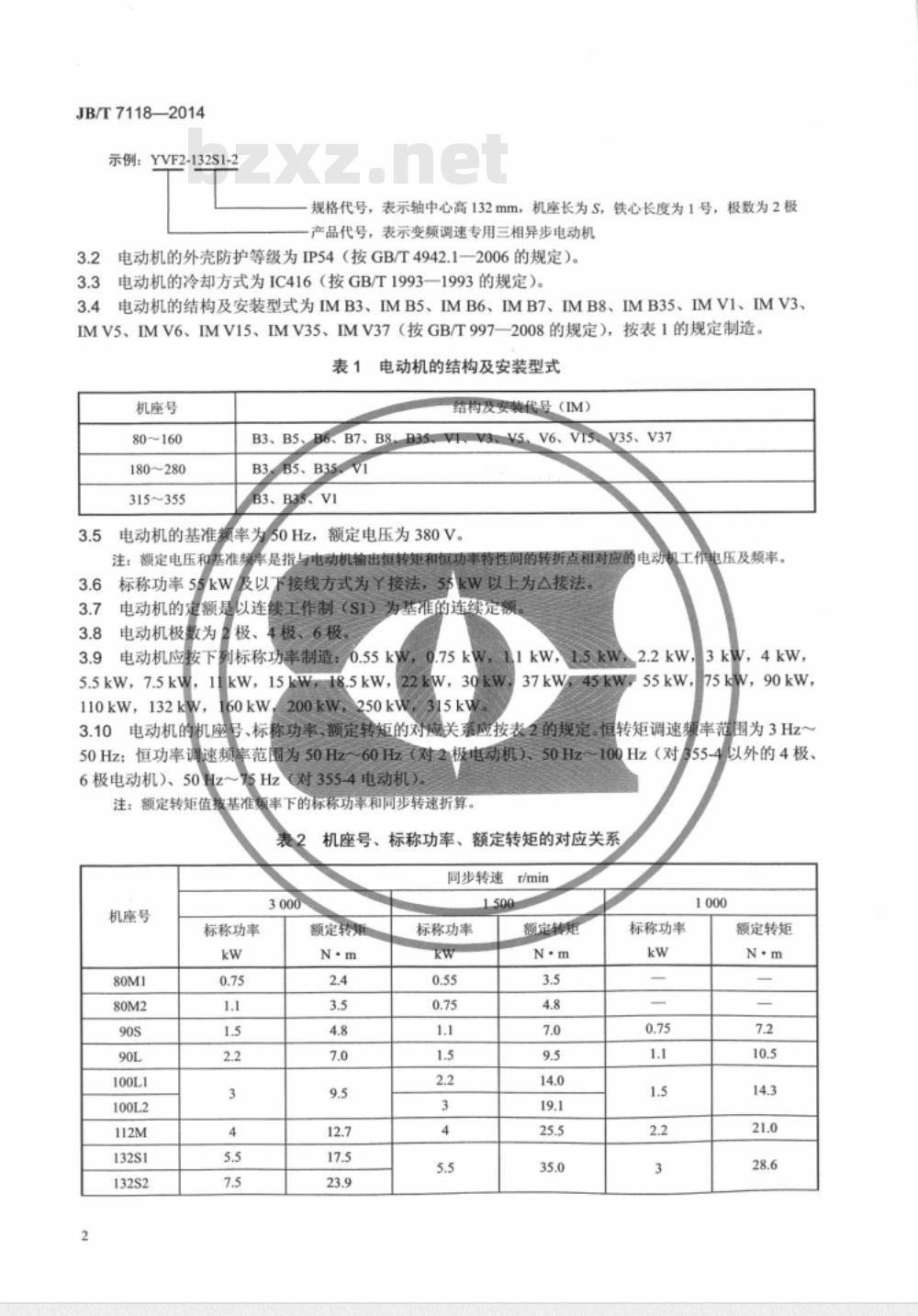 JB/T 7118-2004 YVF2系列(IP54)变频调速专用三相异步电动机 技术条件(机座号80～315)
