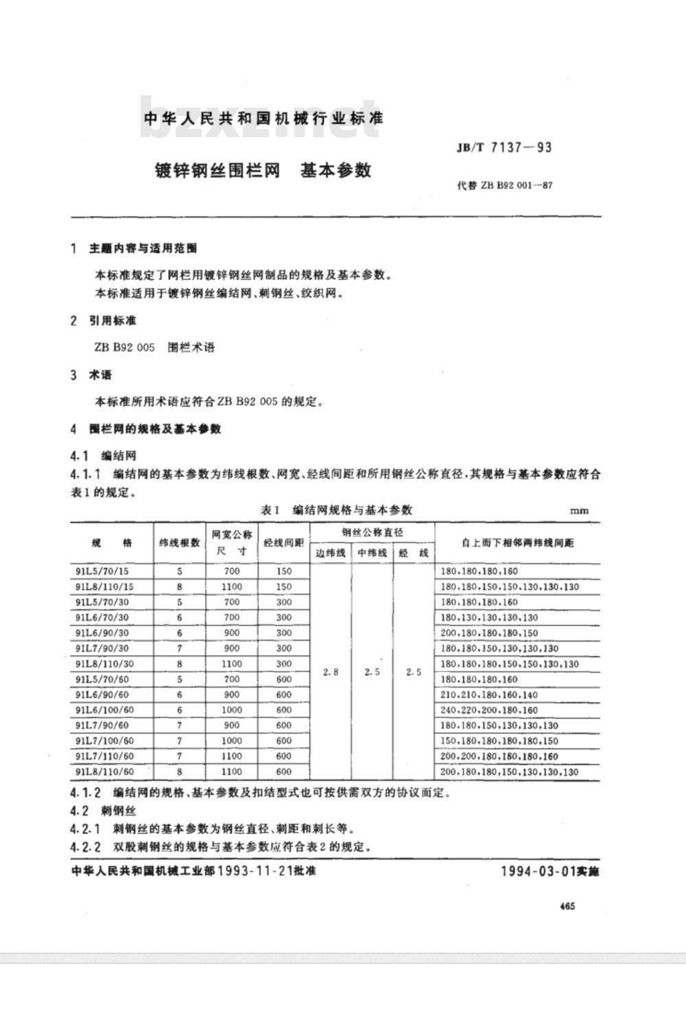 JB/T 7137-1993 镀锌钢丝围栏网 基本参数