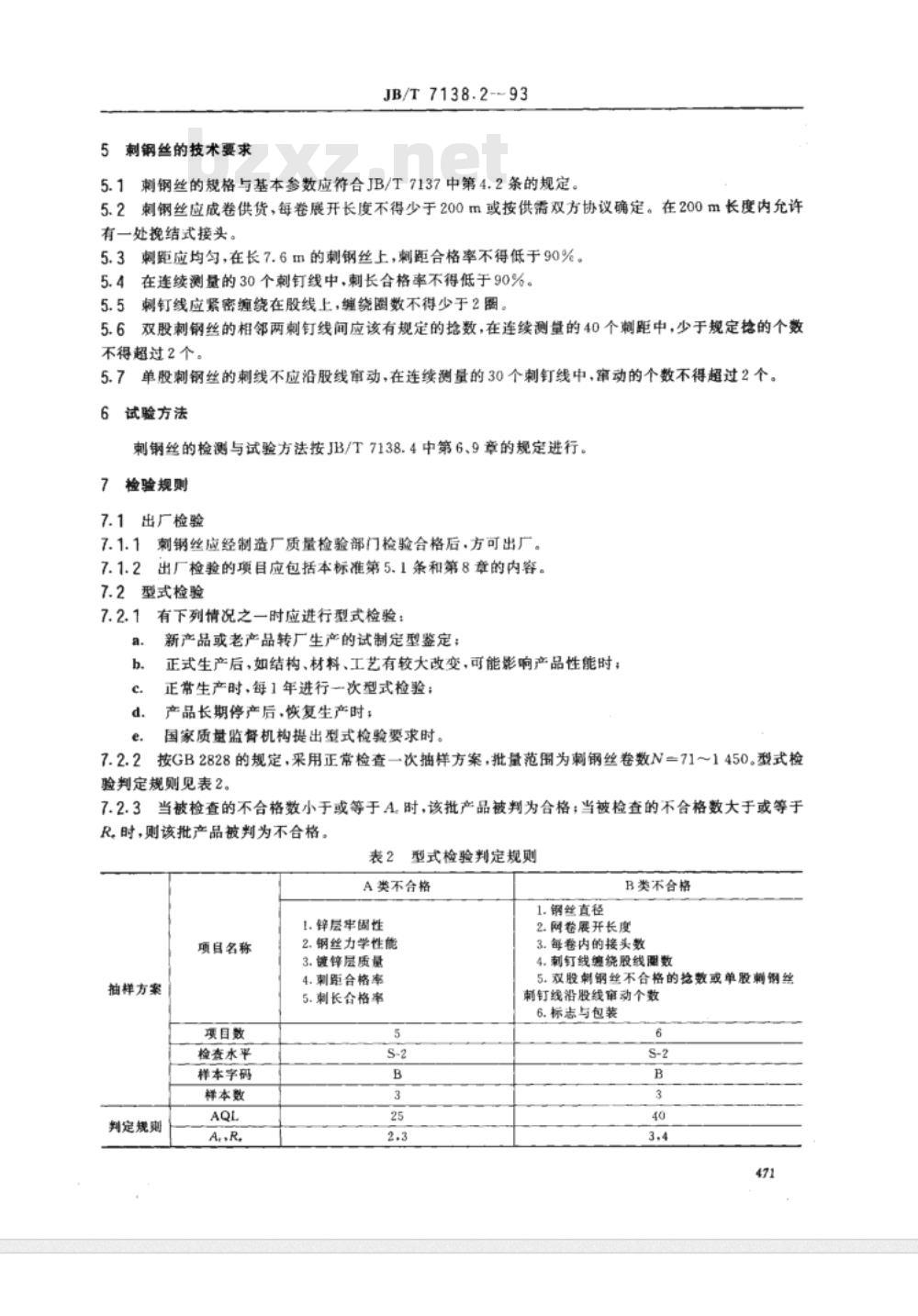 JB/T 7138.2-1993 编结网围栏 刺钢丝技术条件