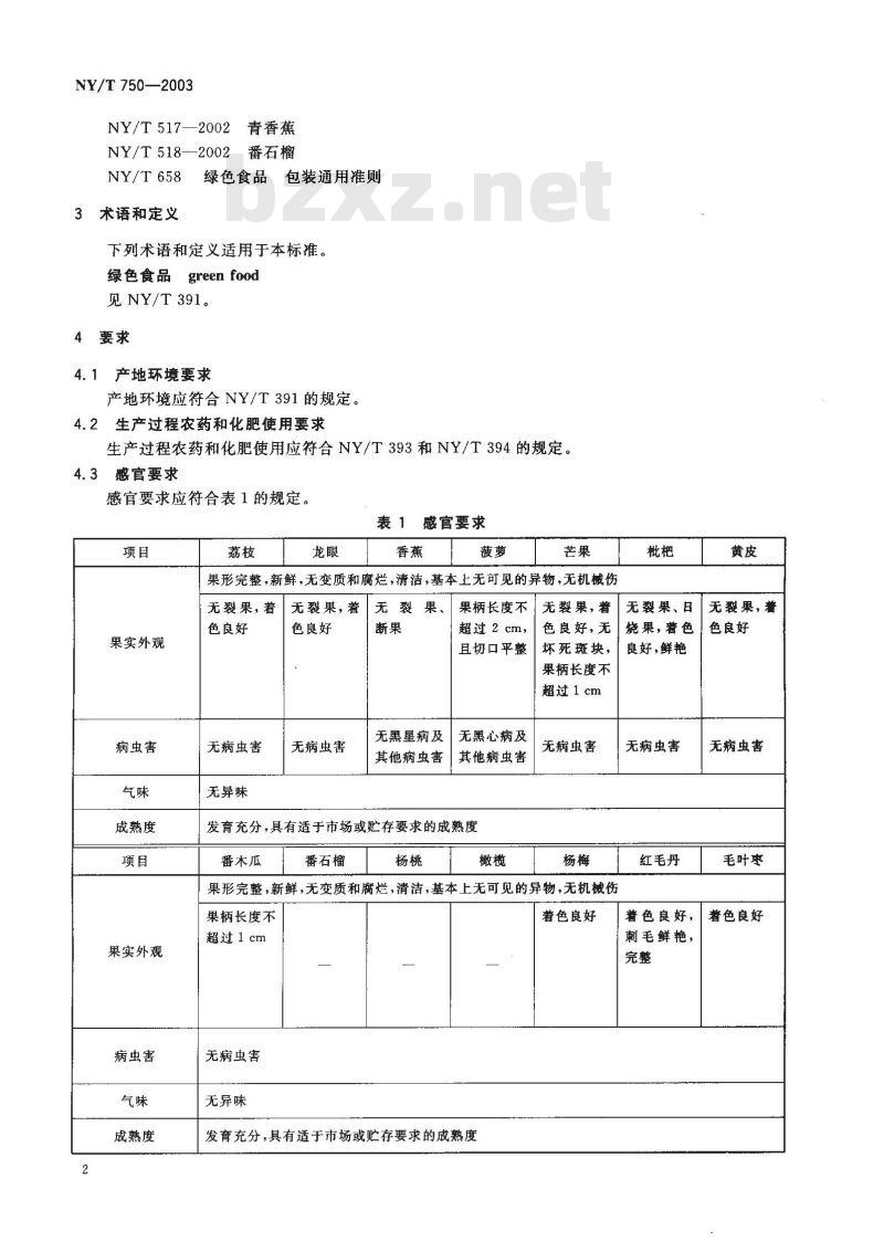 NY/T 750-2003 绿色食品 热带、亚热带水果