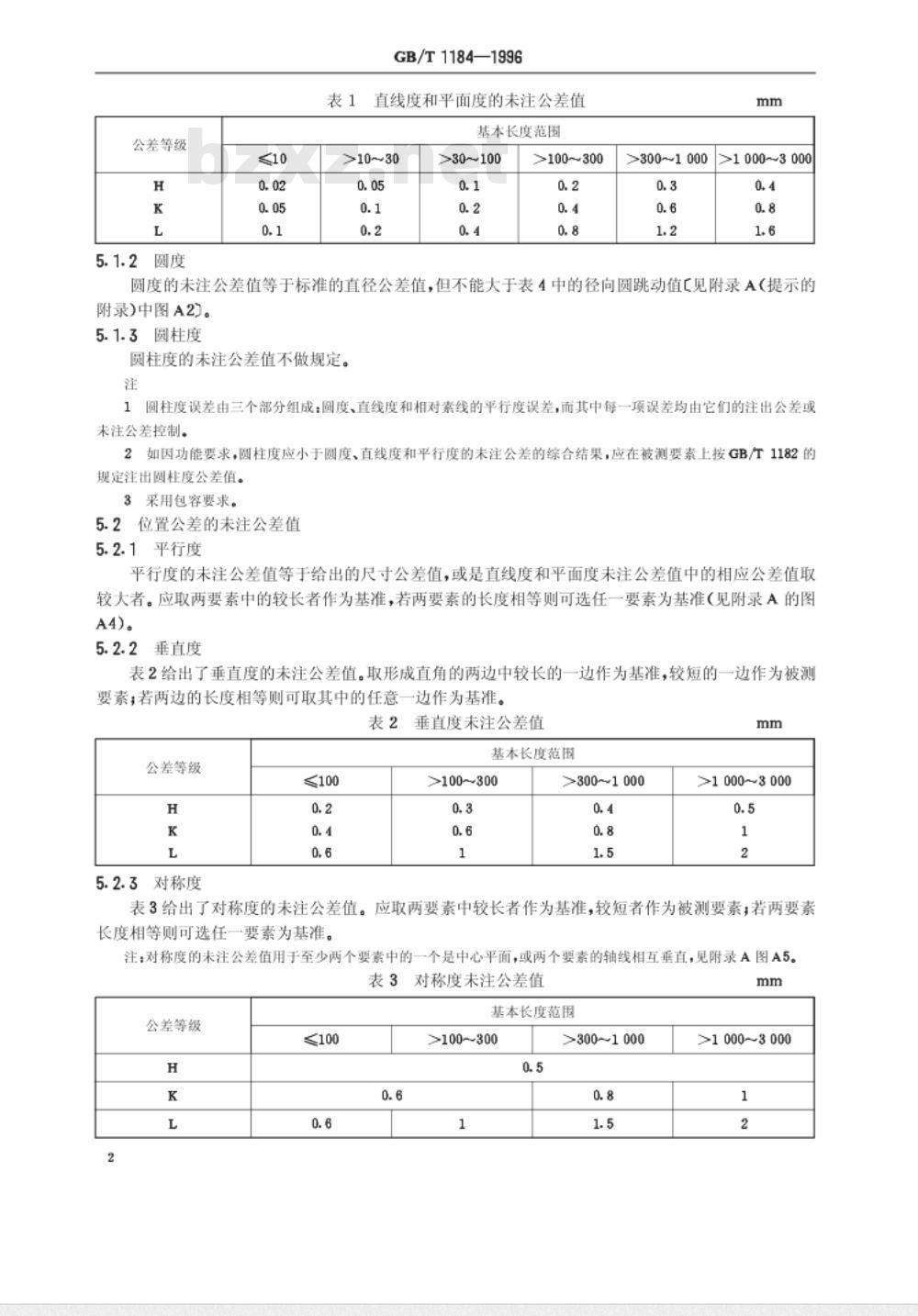 GB/T 1184-1996形状和位置公差 未注公差值 