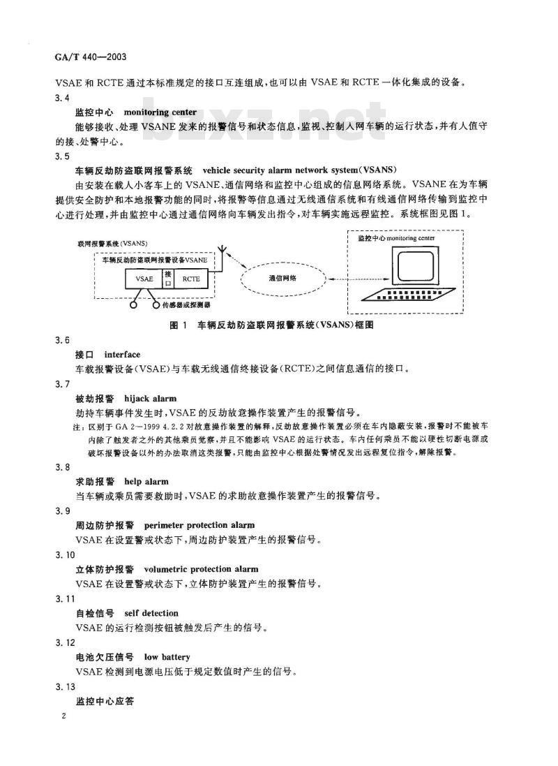 GA/T 440-2003 车辆反劫防盗联网报警系统中车载防盗报警设备与车载无线通信终接设备之间的接口